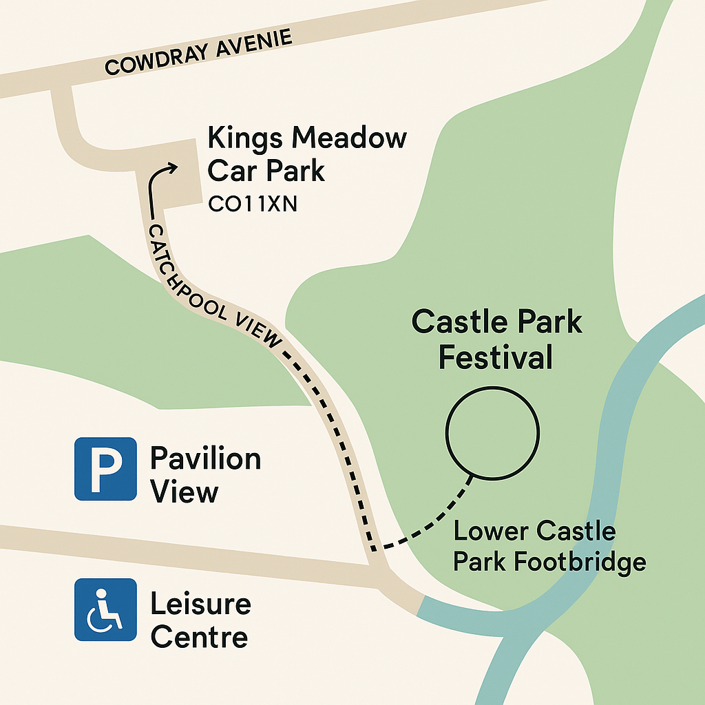 Colchester festival parking map showing Kings Meadow car park, Pavilion View, Leisure Centre and Lower Castle Park footbridge