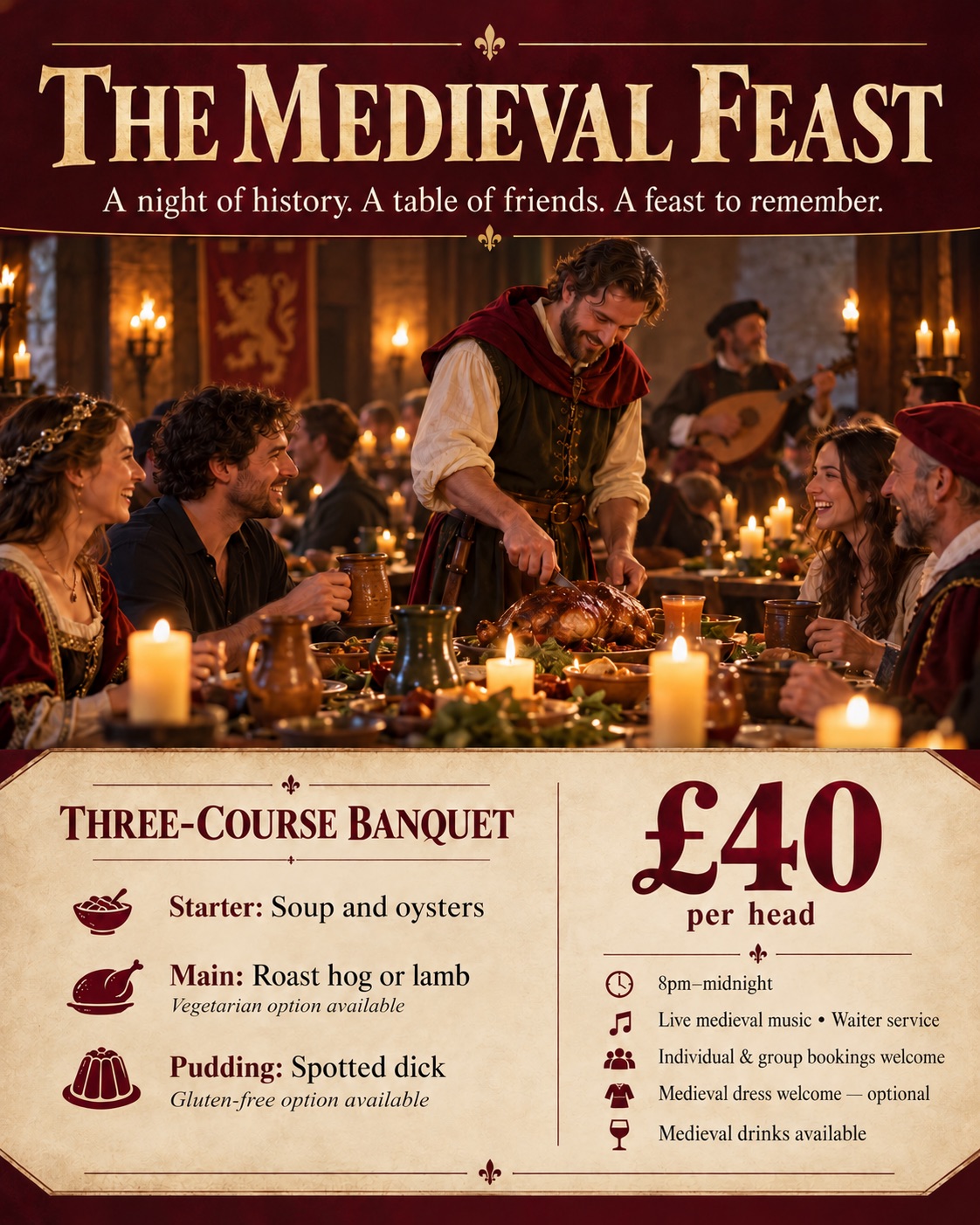 The Medieval Feast: three-course banquet, £40 per person, 8pm to midnight, live medieval music, waiter service, individual and group bookings, vegetarian and gluten-free options, medieval drinks available.